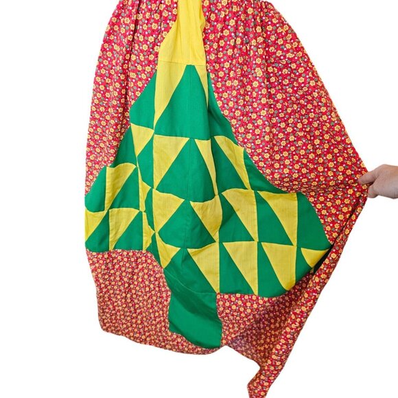 Vintage 70s Patchwork Ditsy Floral Apron Dress Red Green Size Small Long Retro - Picture 4 of 12